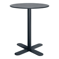 Black round table with a minimalist design and sleek base, perfect for modern decor.