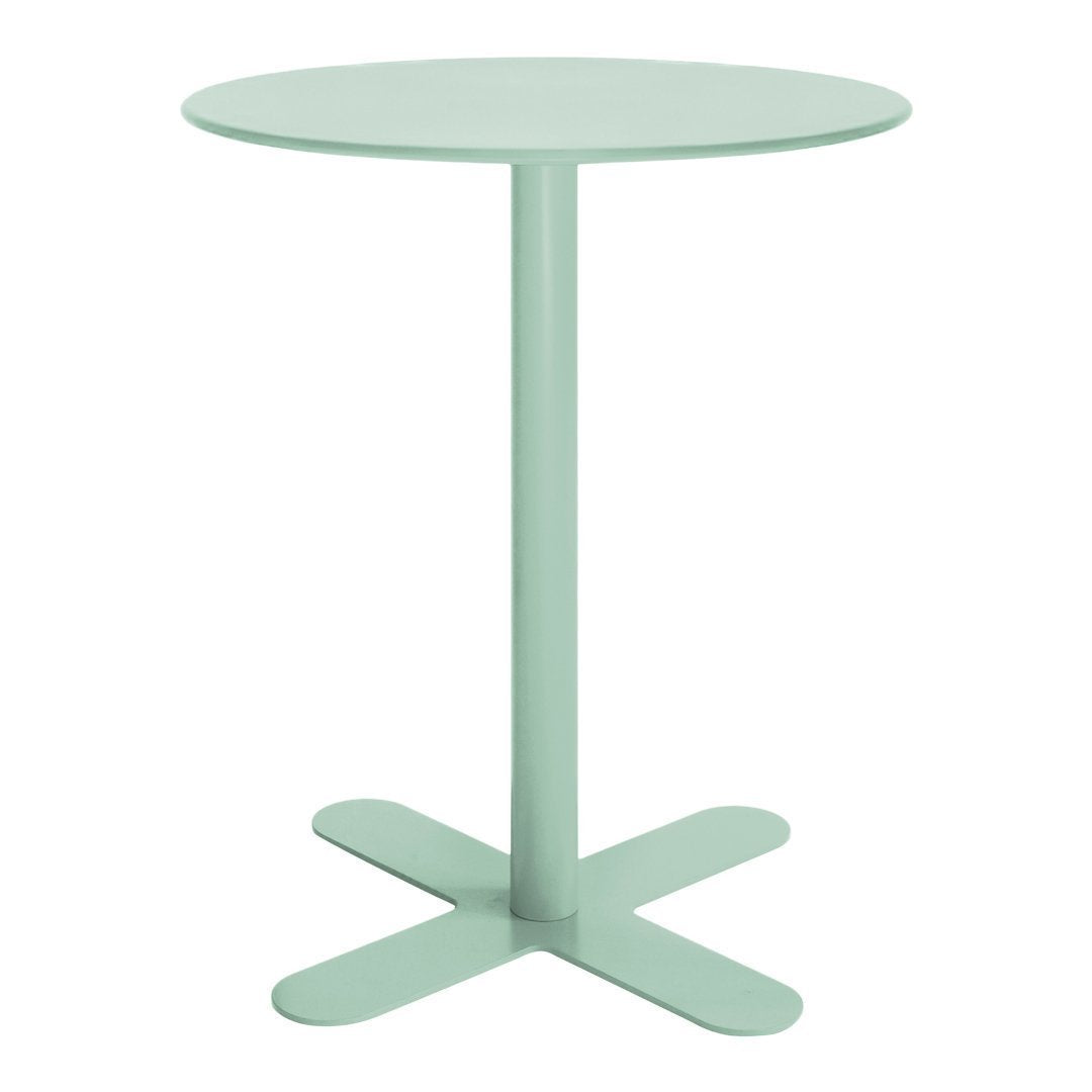 Mint green circular table with a smooth finish and four-petal base design, perfect for modern decor.