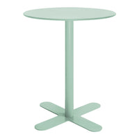 Mint green circular table with a smooth finish and four-petal base design, perfect for modern decor.