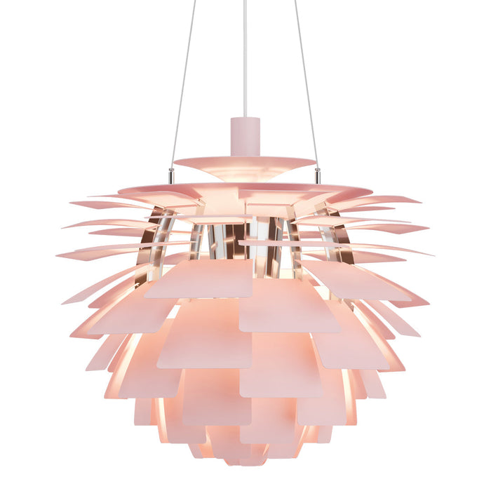 Pink pendant lamp with layered, geometric petals and a sleek metallic finish, creating a modern, elegant design.