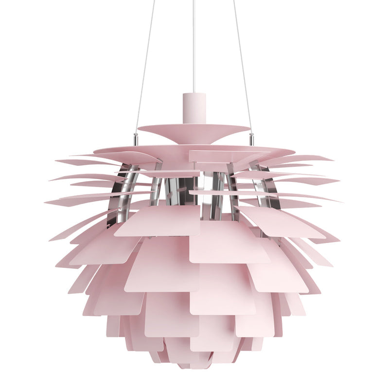 Pink layered pendant lamp with sleek chrome accents, featuring a modern, geometric design. Perfect for stylish decor.