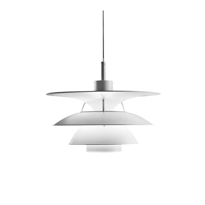 White pendant lamp featuring layered circular shades for a modern, minimalistic design.