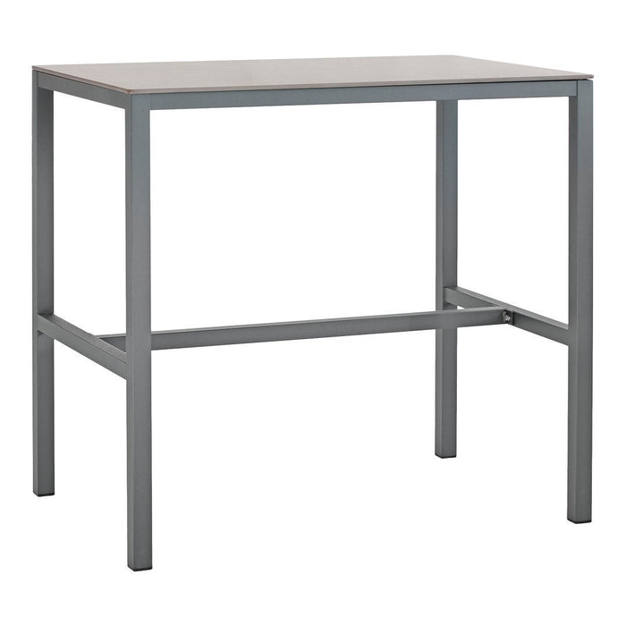 Gray metal bar table with sleek, modern design and minimalist structure, perfect for contemporary dining spaces.