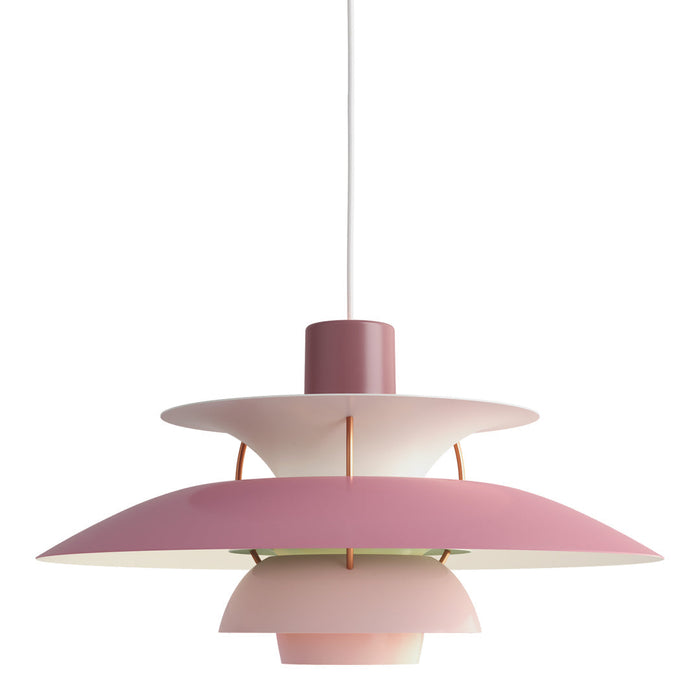 Modern pendant lamp featuring layered pink and white shades with a sleek design and gold accents.