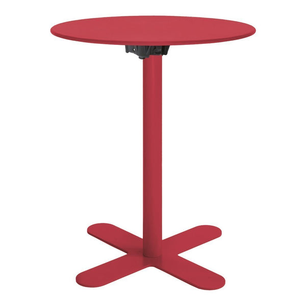 Red round bar table with a sleek, minimalist design and a sturdy crossbase, perfect for modern spaces.