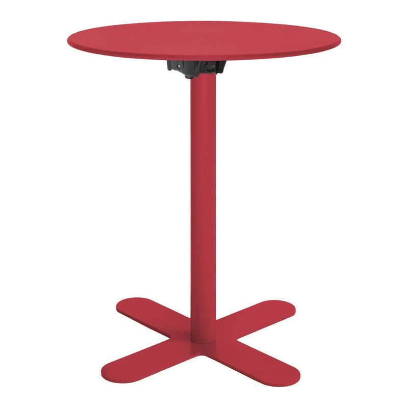 Red round bar table with a sleek, minimalist design and a sturdy crossbase, perfect for modern spaces.
