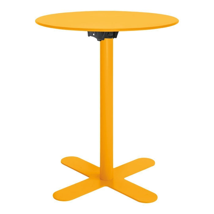 Bright yellow round table with a sleek design and a cross base, perfect for modern decor.