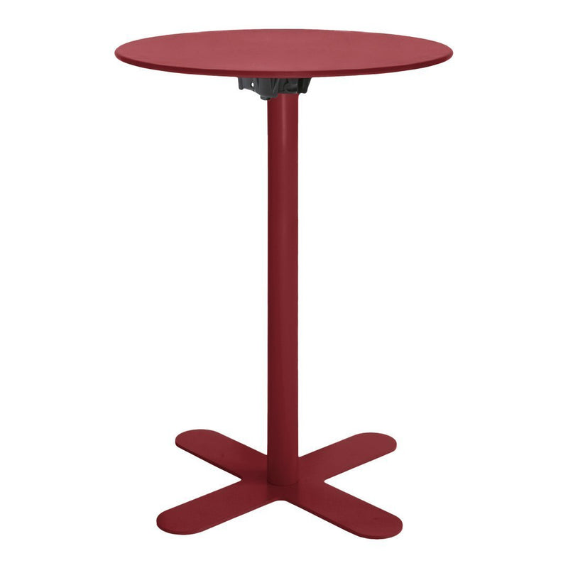 Red round bar table with a sleek design and a sturdy X-shaped base. Ideal for modern spaces.