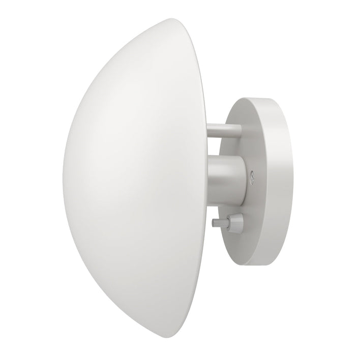 Sleek white wall sconce with a smooth, rounded shape and a minimalist design, perfect for modern decor.