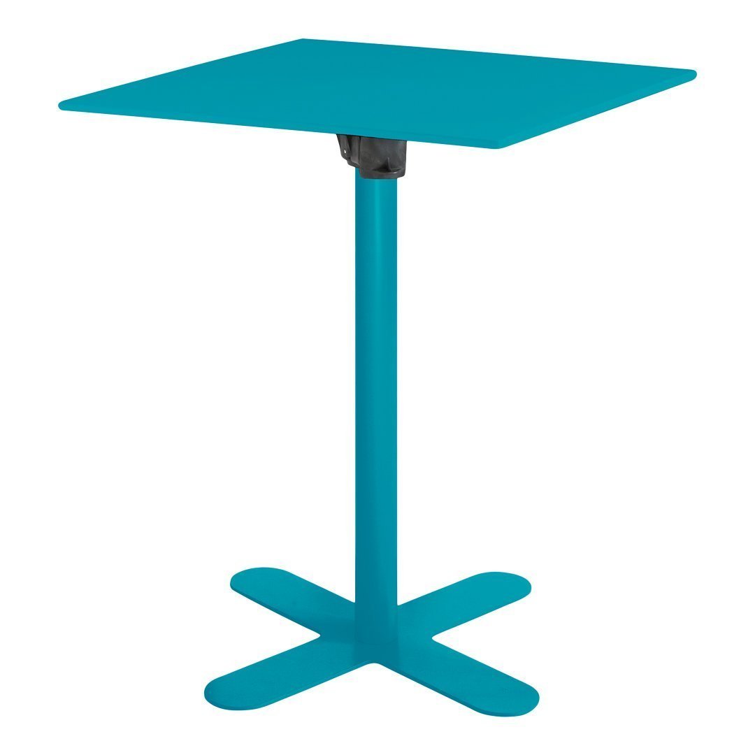 Teal square table with a sleek design and a sturdy cross base, perfect for modern spaces.