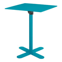 Teal square table with a sleek design and a sturdy cross base, perfect for modern spaces.
