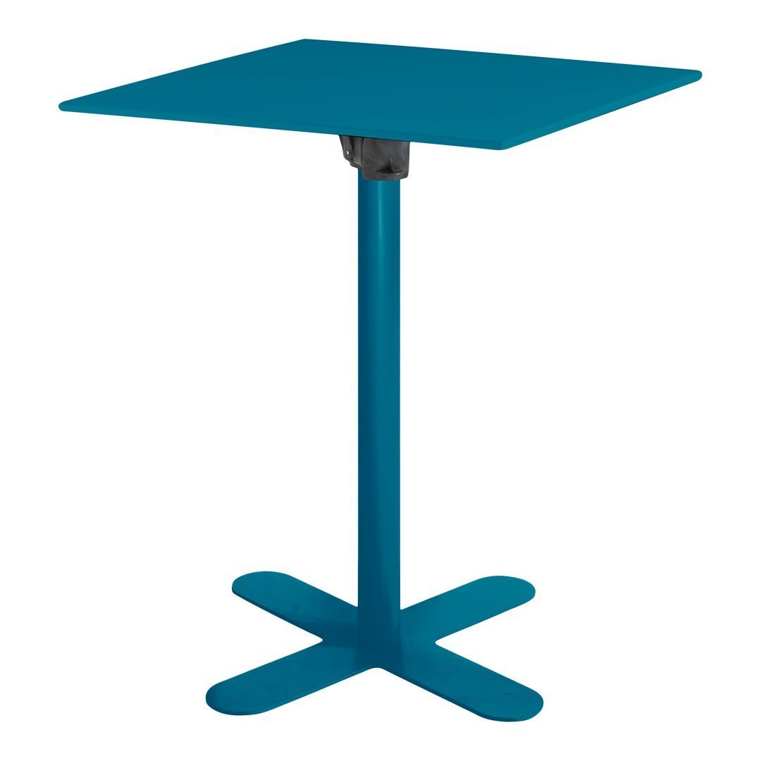 Teal square tabletop with a sleek design and cross base, perfect for modern decor.