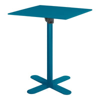 Teal square tabletop with a sleek design and cross base, perfect for modern decor.
