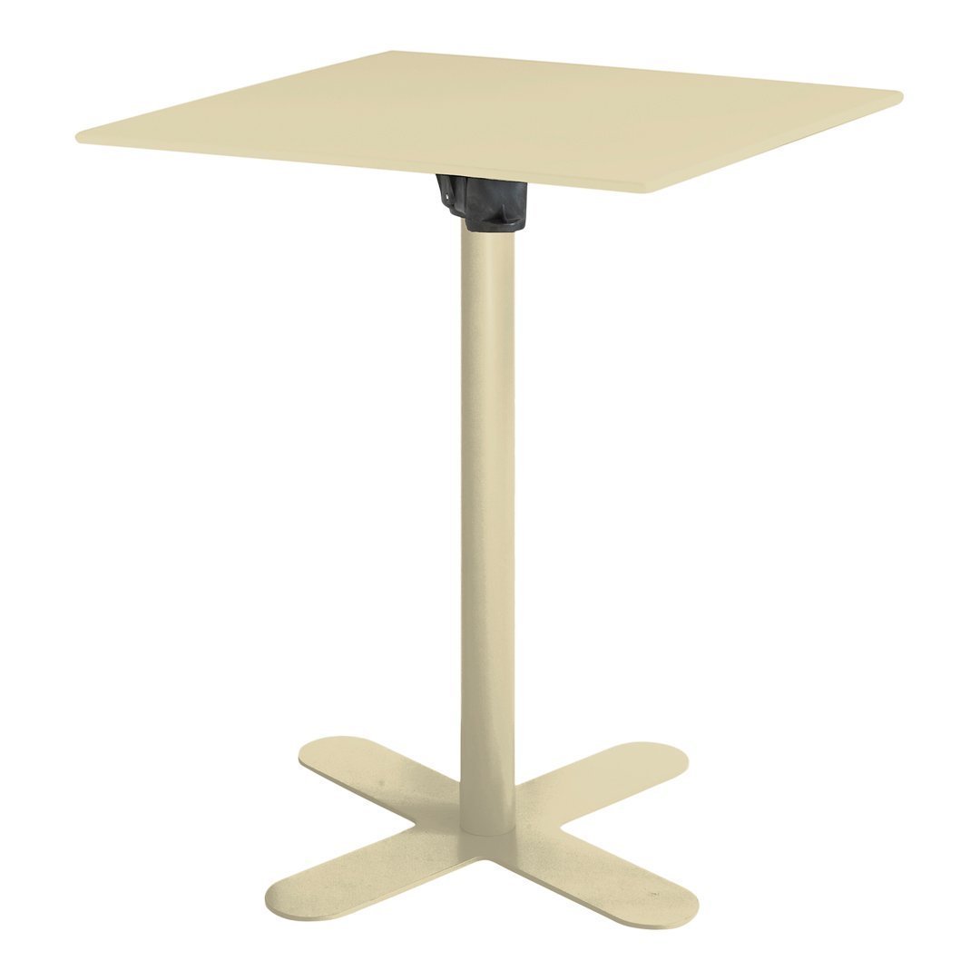 "Square cream-colored table with a sleek, minimalist design and a sturdy black base."