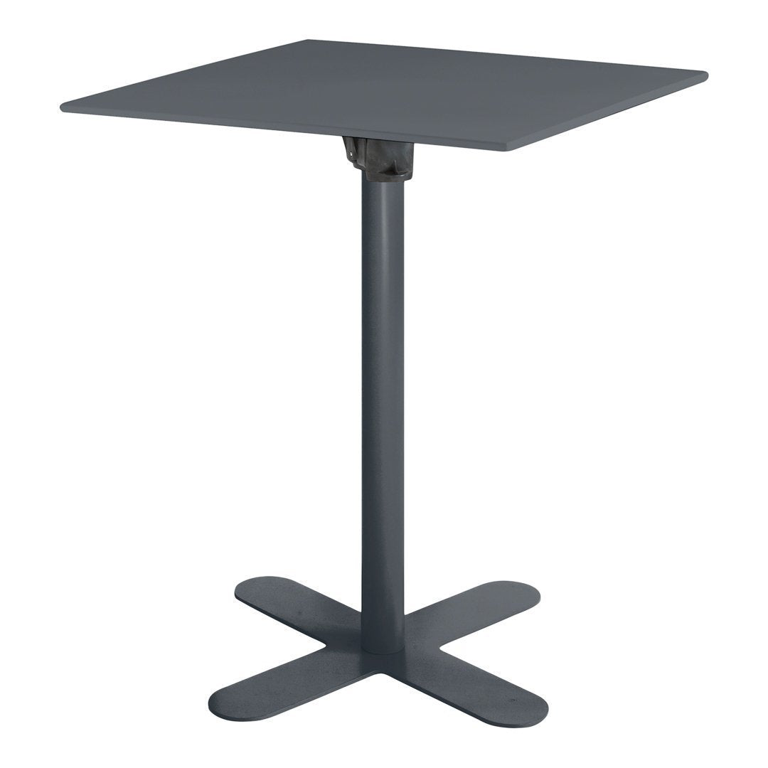Gray square table with a sleek design and sturdy cross base, perfect for modern decor.