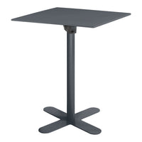 Gray square table with a sleek design and sturdy cross base, perfect for modern decor.