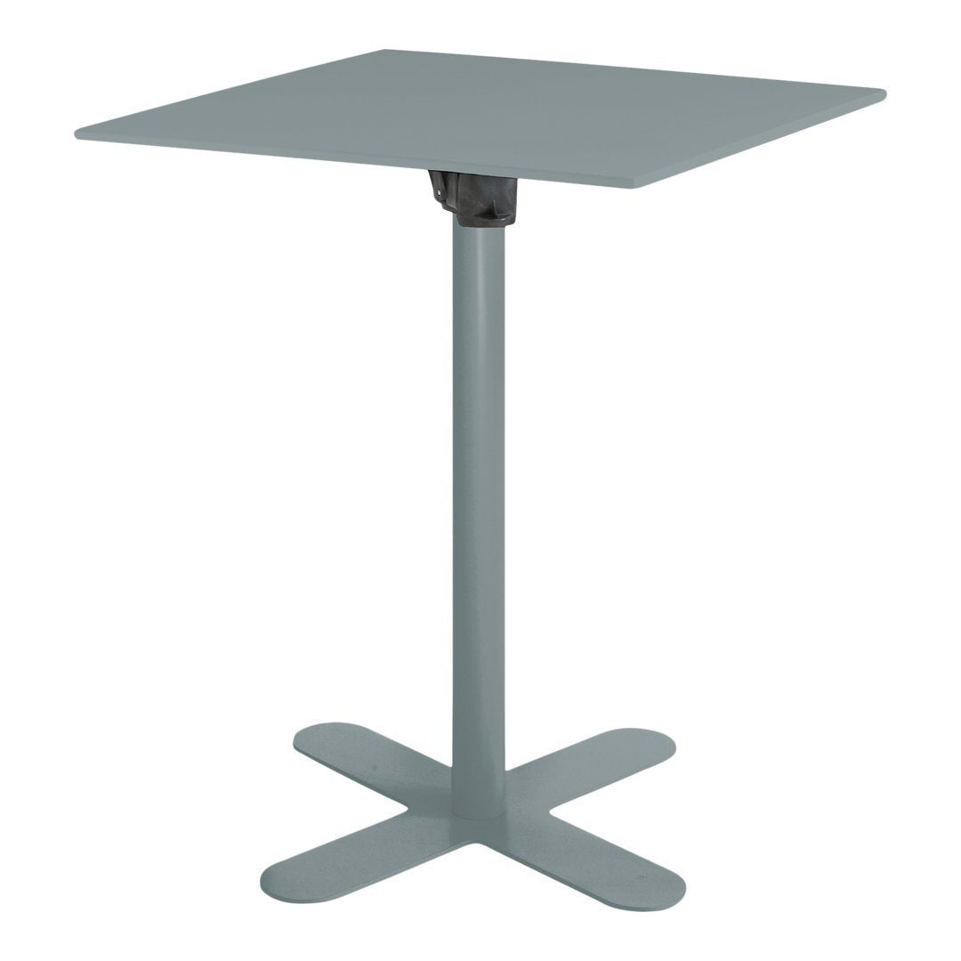 Square grey table with a sleek design and a sturdy cross base, perfect for modern spaces.