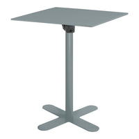 Square grey table with a sleek design and a sturdy cross base, perfect for modern spaces.
