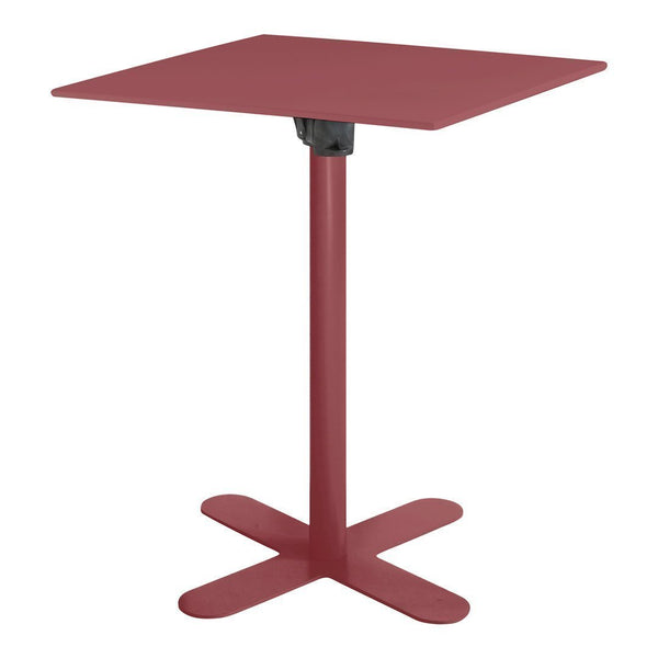 Square burgundy table with a minimalist design and a sturdy cross-base, ideal for modern spaces.