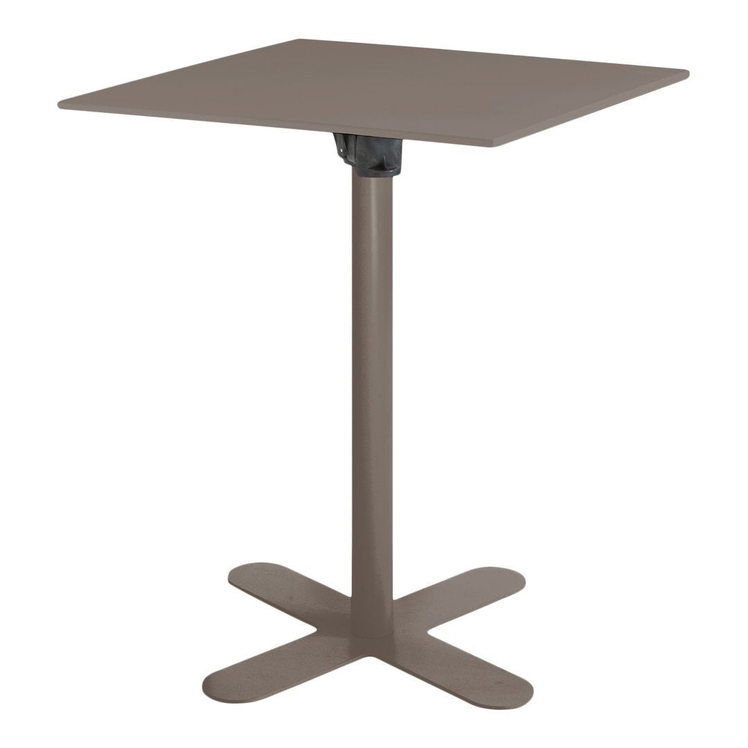 Square bar table with a sleek brown top and a sturdy black base, perfect for modern outdoor settings.