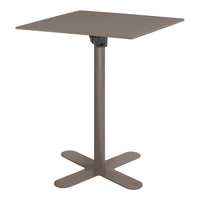 Square bar table with a sleek brown top and a sturdy black base, perfect for modern outdoor settings.