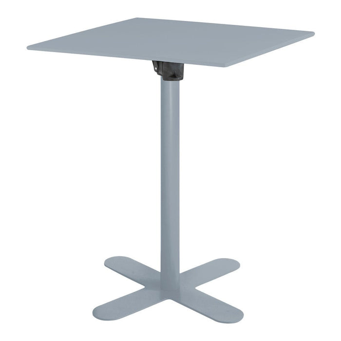 Gray square tabletop with a sturdy cross base, featuring a sleek, minimalist design. Ideal for modern spaces.