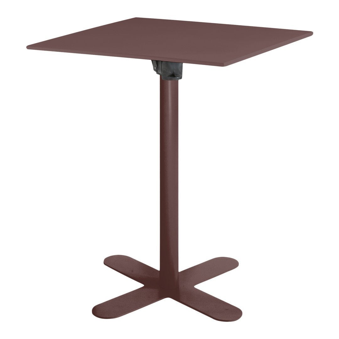 Square burgundy table with a sleek metal base, perfect for modern dining or outdoor settings.