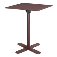 Square burgundy table with a sleek metal base, perfect for modern dining or outdoor settings.