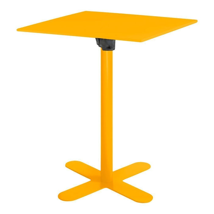 Bright yellow square table with a sleek, modern design and a sturdy cross base. Ideal for outdoor or indoor use.
