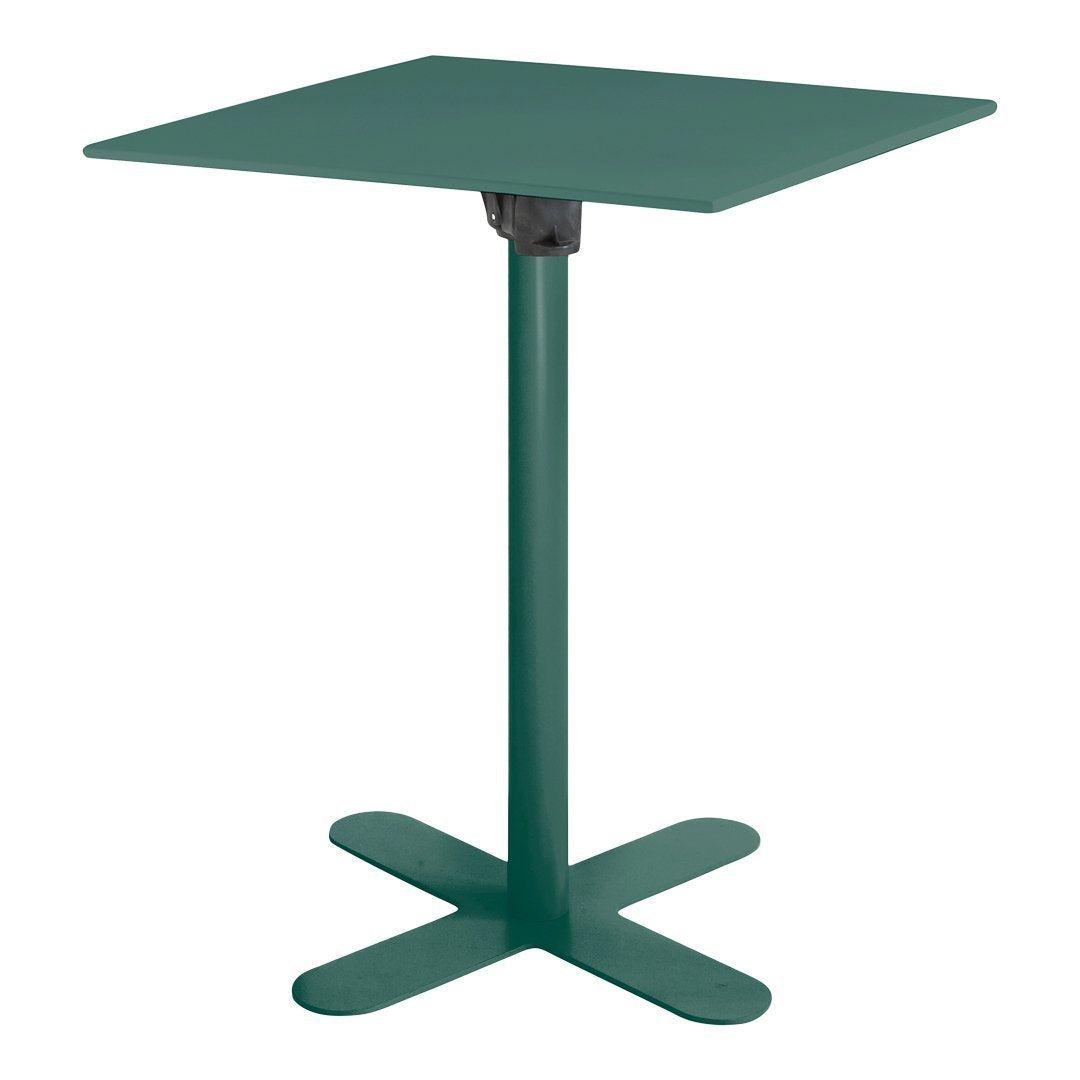 Green square table with a matte finish and a sturdy black base. Simple, modern design suitable for indoor or outdoor use.