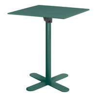 Green square table with a matte finish and a sturdy black base. Simple, modern design suitable for indoor or outdoor use.
