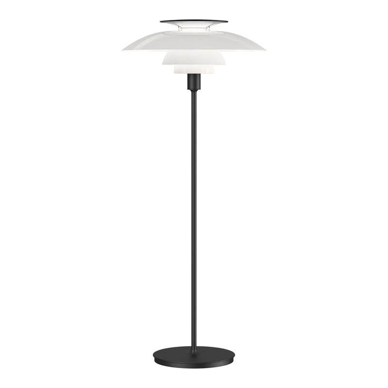 Modern black and white floor lamp with sleek, layered shades for a minimalist aesthetic. Perfect for contemporary decor.