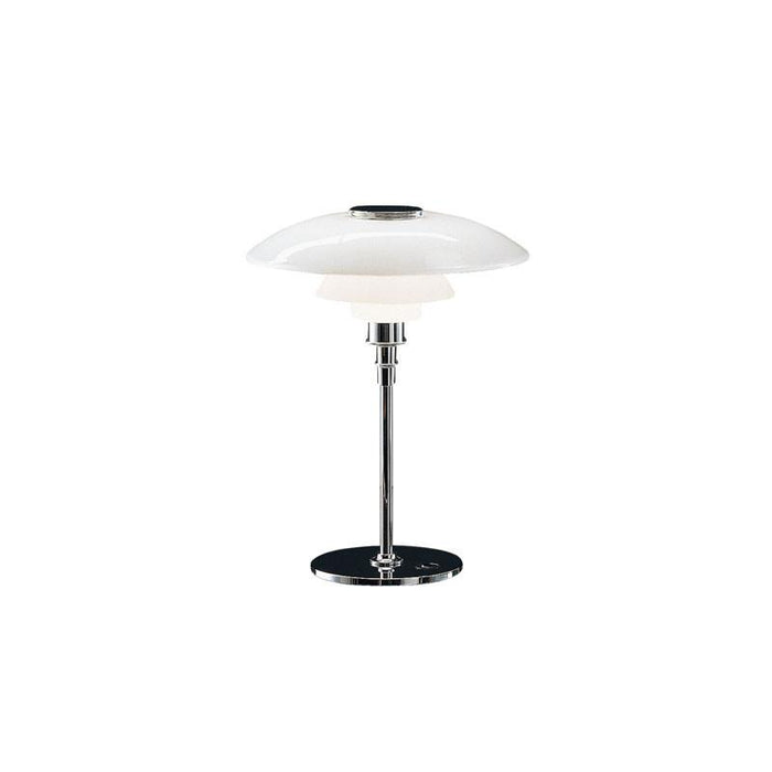 Modern white glass lamp with a sleek chrome base and stand, featuring a minimalist design.