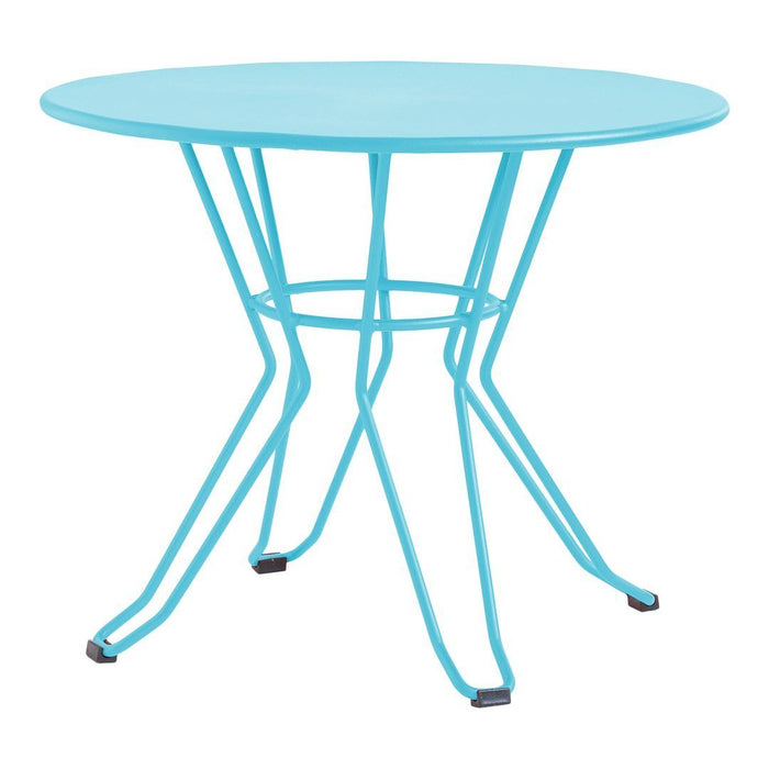 Round teal metal table with a sleek, modern design and intricate wire legs, perfect for outdoor or indoor use.