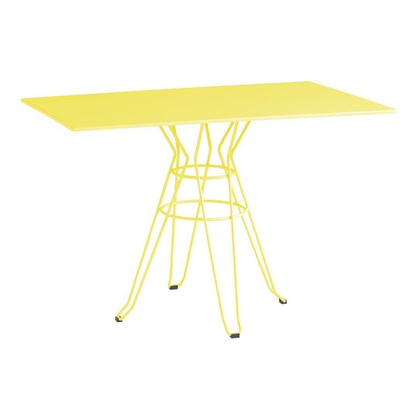 Bright yellow rectangular table with a geometric wire base, perfect for adding a pop of color to any space.