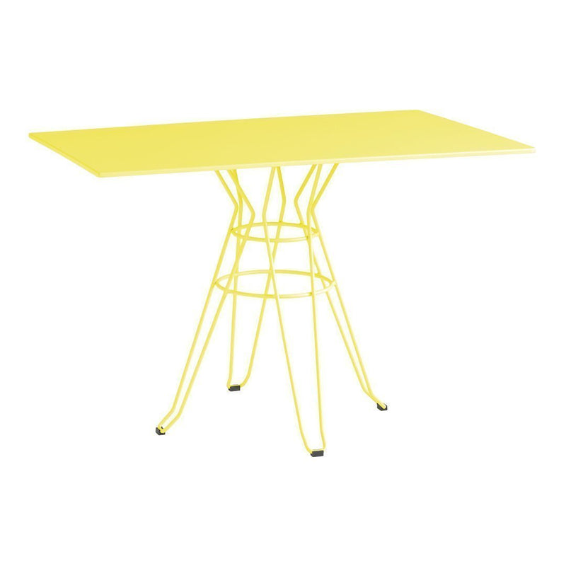 Bright yellow rectangular table with a geometric wire base, perfect for adding a pop of color to any space.