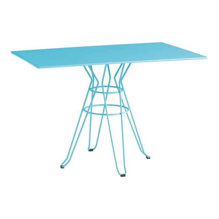 Light blue rectangular table with a unique geometric wire base design. Ideal for modern decor.