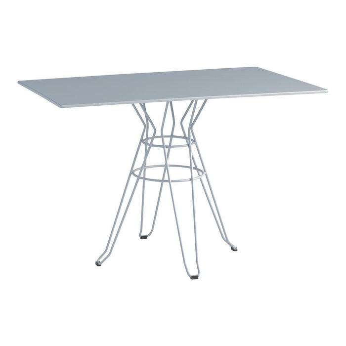Modern white rectangular table with a sleek wire base, featuring a minimalist design and clean lines.
