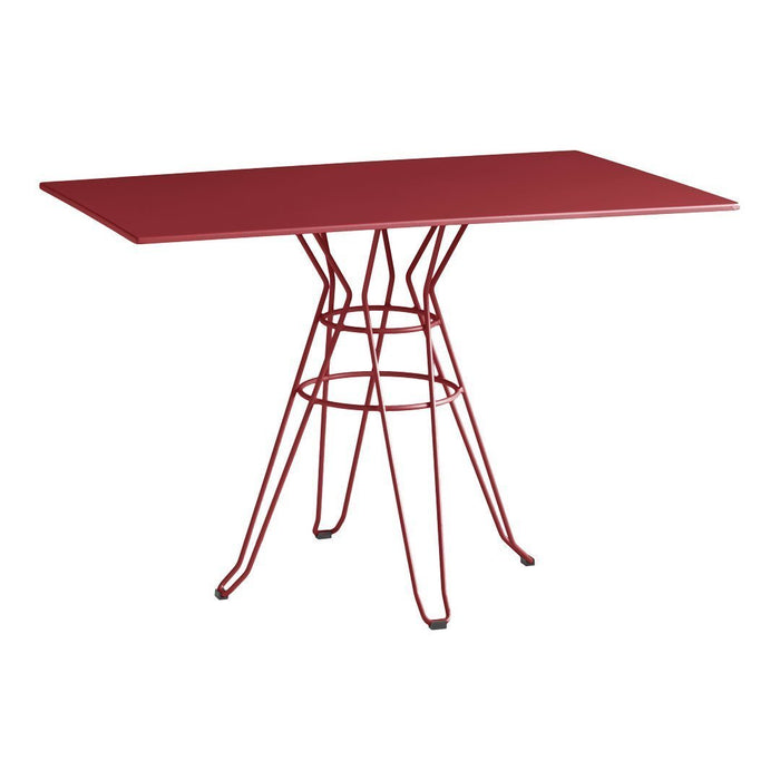 Red rectangular table with a geometric wire base, adding a modern touch to any space.