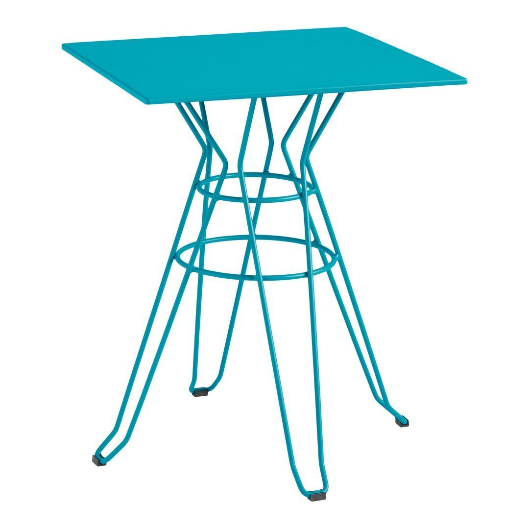 Teal square table with a modern wireframe base, perfect for contemporary decor.