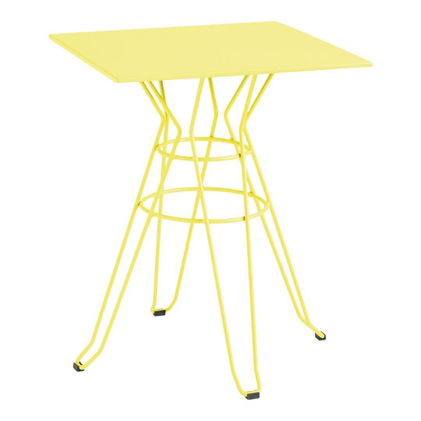 Bright yellow square table with a modern wireframe base, perfect for adding a vibrant touch to any space.