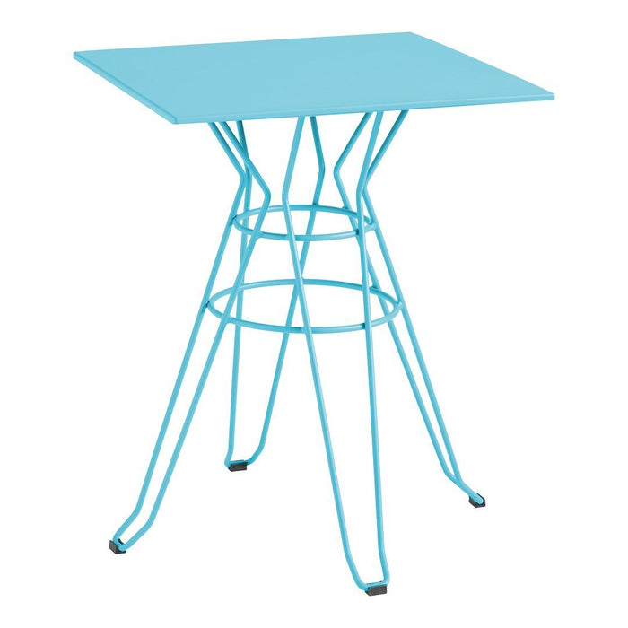 Light blue square table with a geometric wire base, perfect for modern decor.