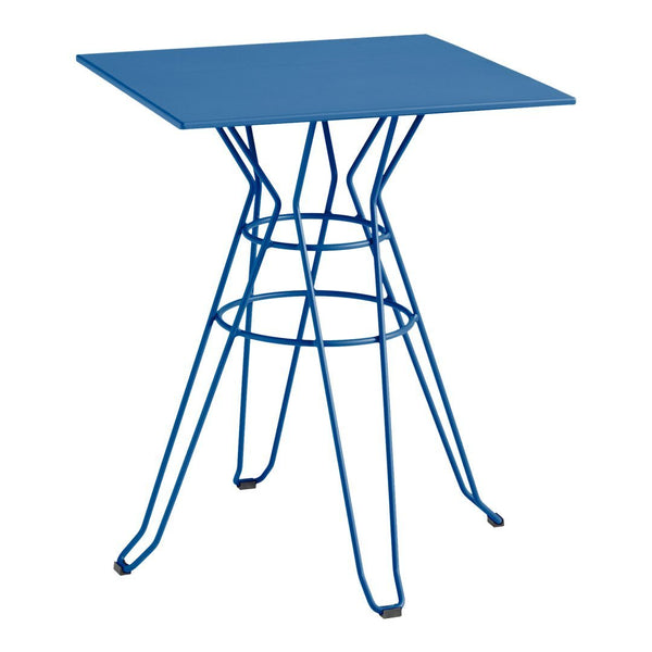 Blue square tabletop with a geometric wire base, adding a modern pop of color to any space.