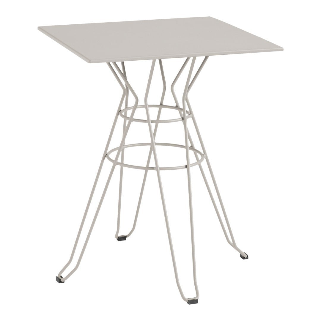 Square light gray tabletop with a unique wire base, featuring a modern minimalist design and sleek lines.