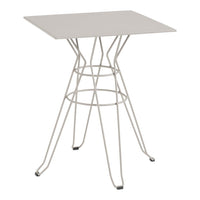 Square light gray tabletop with a unique wire base, featuring a modern minimalist design and sleek lines.