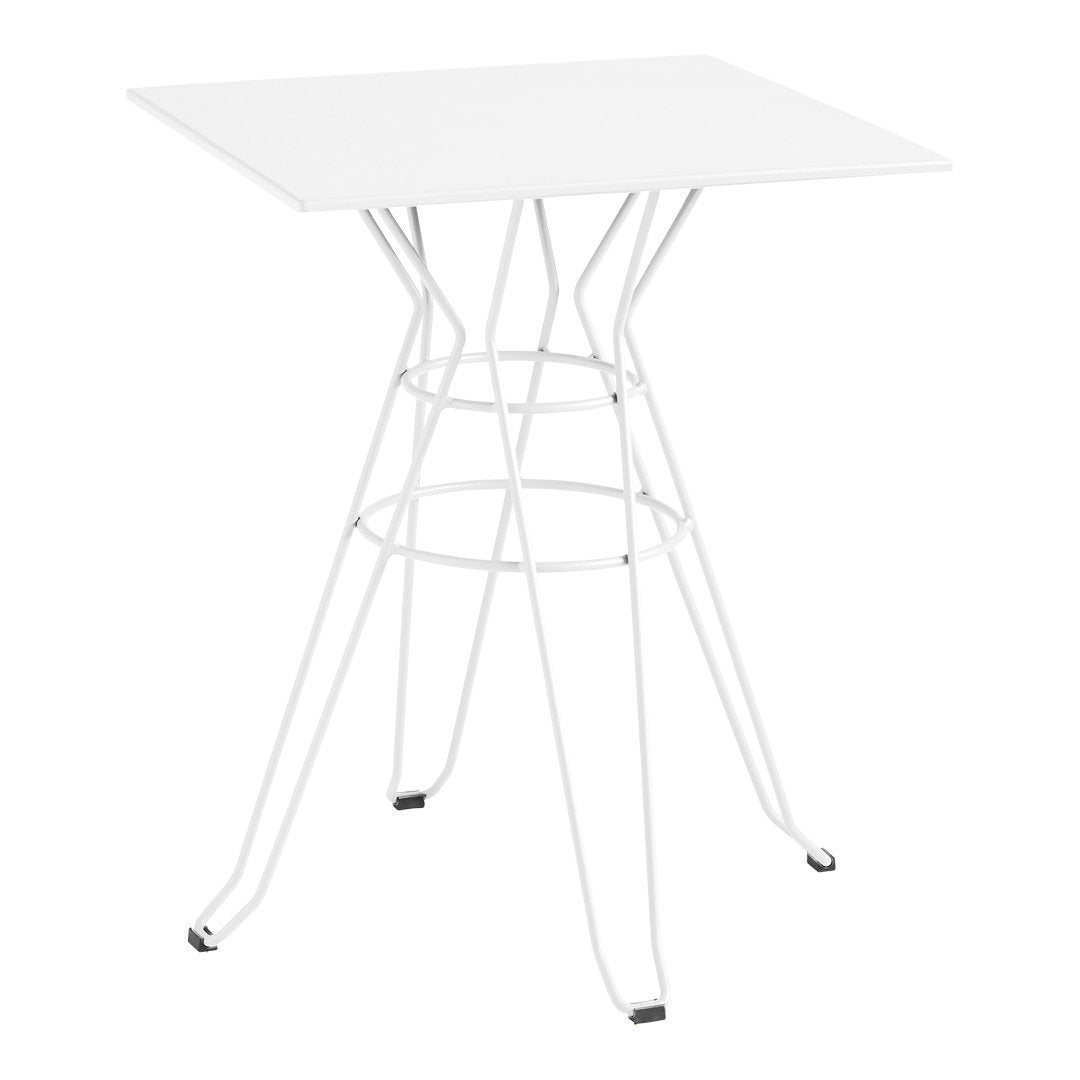 White square table with modern wire base, featuring sleek lines and minimalist design. Perfect for contemporary spaces.