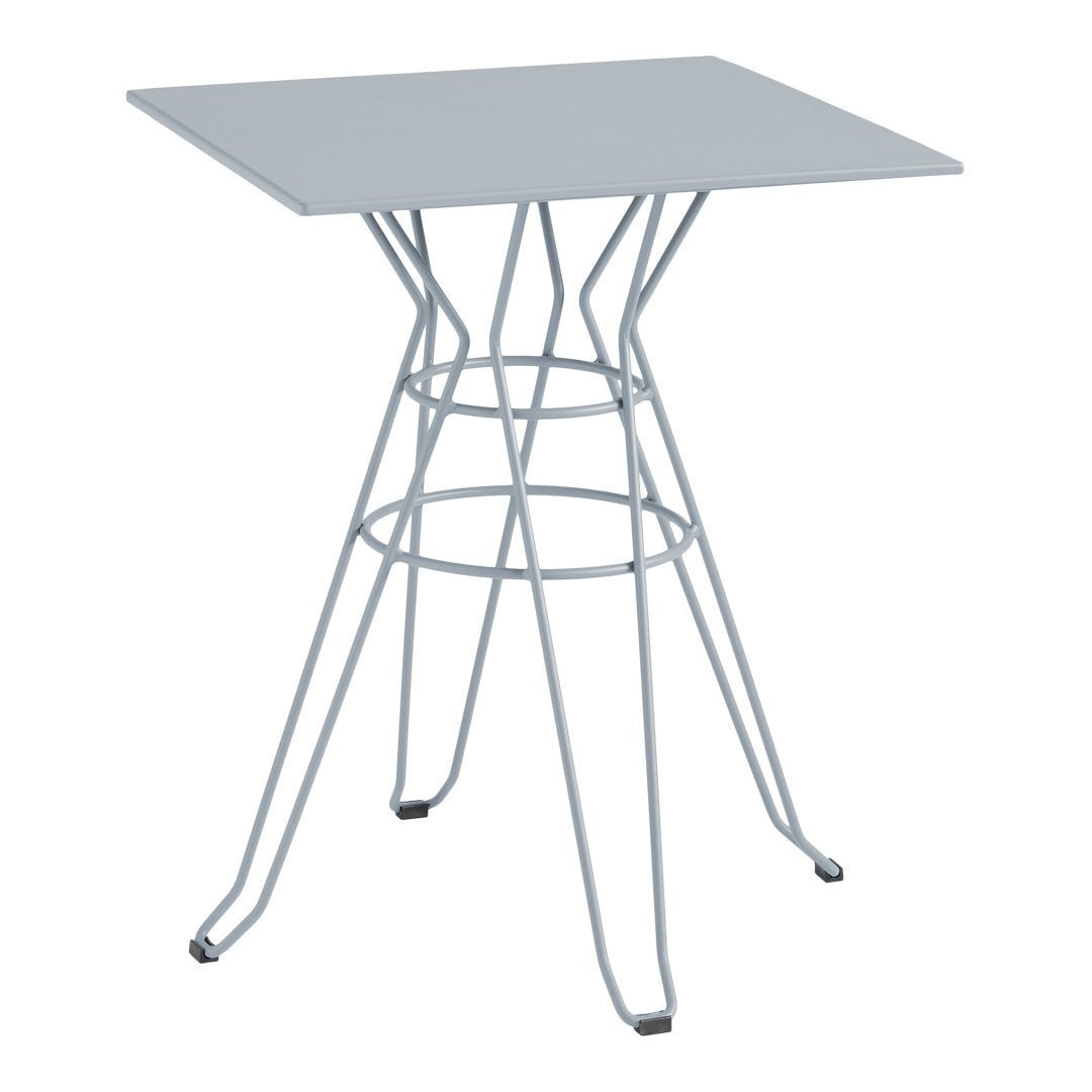 Gray square tabletop with a wire base, featuring a sleek, modern design and minimalist aesthetic.