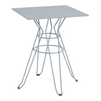 Gray square tabletop with a wire base, featuring a sleek, modern design and minimalist aesthetic.