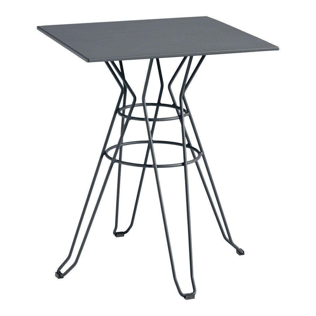 Modern black metal table with a geometric base and sleek square top, perfect for contemporary decor.
