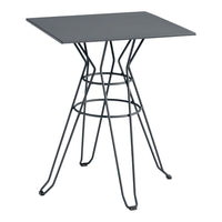 Modern black metal table with a geometric base and sleek square top, perfect for contemporary decor.